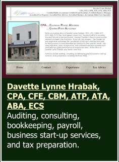 Davette Lynne Hrabak, CPA, CFE, CBM, ATP, ATA, ABA, ECS  Auditing, consulting, bookkeeping, payroll, business start-up services, and tax preparation.